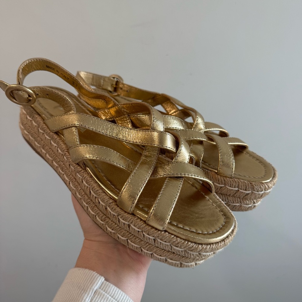 Prada Strappy Gold Leather‎ Platform Espadrilles Size 37.5